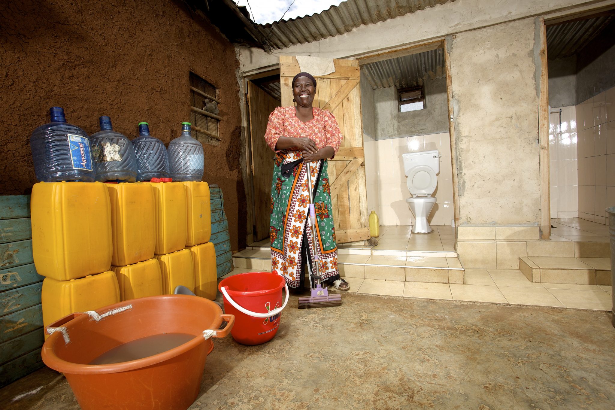 Pour-flush toilet connected to sewer in Kibera, Nairobi