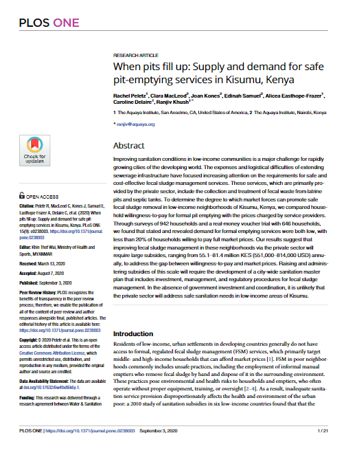 When pits fill up: Supply and demand for safe pit-emptying services in Kisumu, Kenya